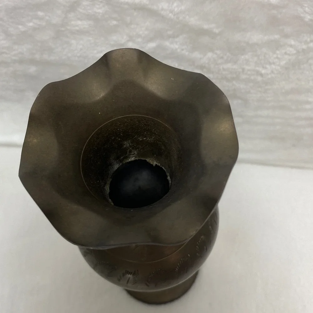 Vintage Brass Vase Etched Floral Design Ornate‎ Trumpet Neck Pedestal Base Decor